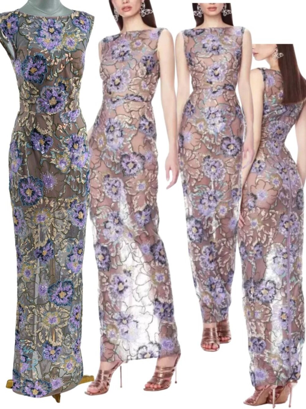 🆕 BRONX & BANCO 🧿 NWOT Violet Floral Sequin Maxi Dress, Purple Sz XS US2